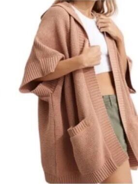 aerie Dusty Tan Knit Hooded Poncho Cardigan with Pockets